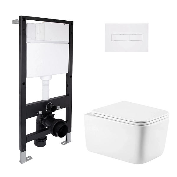 Готовое решение Qtap для ванной комнаты: подвесной унитаз Gemini Ultra Quiet 520x360x350 + комплект инсталляции Standard (линейная кнопка White)