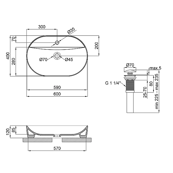 Раковина накладна Mixxus Premium ELLIPSE-0204 600х380х115mm з отвором під змішувач (MP6679) - Фото - 3