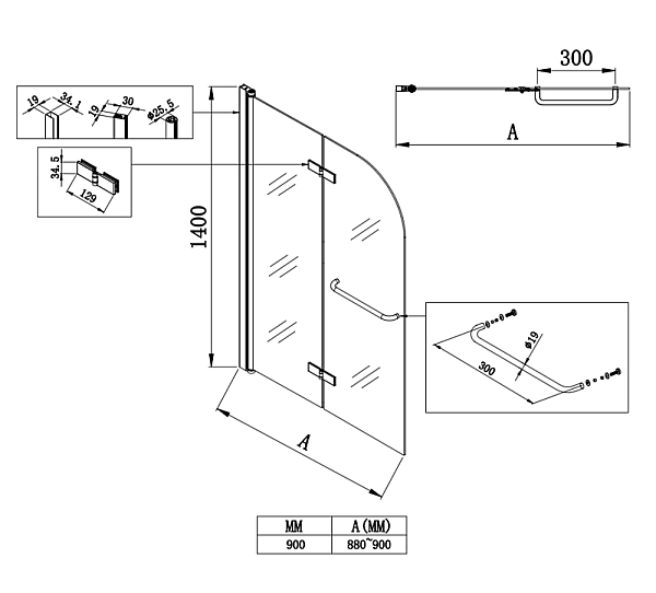 Шторки скляні на ванну Koer SR BS05-90x140-TR-01 прозоре скло Easy Clean 6мм, хром (KR5372) - Фото - 6