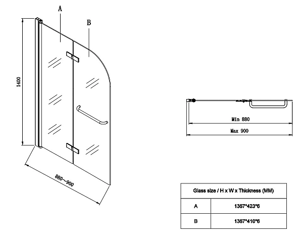 Шторки скляні на ванну Koer SR BS05-90x140-TR-01 прозоре скло Easy Clean 6мм, хром (KR5372) - Фото - 2
