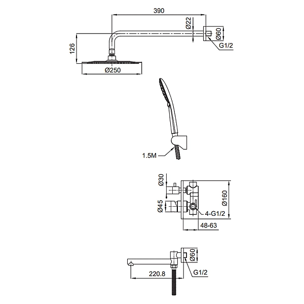 Вбудована душова система Koer KI-66018-02 (з нерж. сталі) (Колір нерж) (KR4794) - Фото - 2