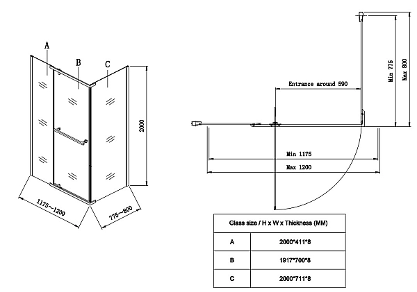 Душова кабіна без піддону Koer SR SC01-120x80x200-TR-01 прозоре скло Easy Clean 8мм, хром (KR5353) - Фото - 2