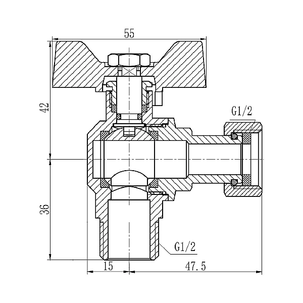 Кран шаровой с накидной гайкой Thermo Alliance Forte 1/2" ВН для воды угловой SF224W15 - Фото - 2