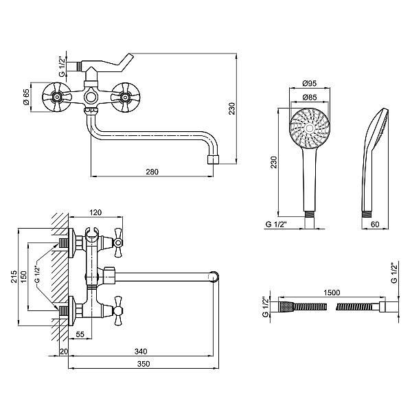 Смеситель для ванны Lidz Lamb 1401 с поворотным изливом двухвентильный (c душевым гарнитуром) LDLAM1401CRM22017 Chrome - Фото - 2