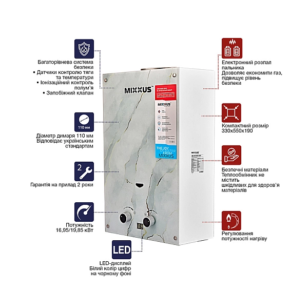Газова колонка MIXXUS GWH-0510 BASIC GLASS димохідна 10 л/хв (панель зі скла з малюнком) (WH0026) - Фото - 5