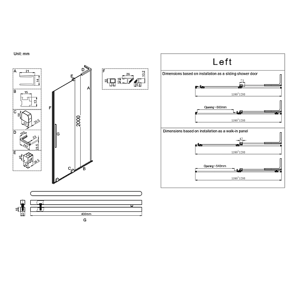 Двері у нішу Walk-In розсувні Koer SR SD07-120x200-L-TR-01 прозоре скло Easy Clean 8мм Хром (KR5686) - Фото - 5