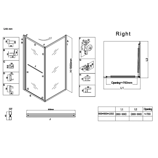 Душова кабіна без піддону Koer SR SC09-90x90x200-R-TR-12 прозоре скло Easy Clean 6мм Матове золото (KR5771) - Фото - 3