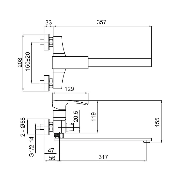 Змішувач для ванни з довгим виливом KOER KB-42007-05 (Колір чорний) (KR3457) - Фото - 2