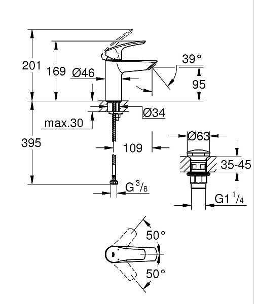Одноважільний змішувач для раковини S-Size Grohe Eurosmart New з натискним донним клапаном (23922003) - Фото - 3