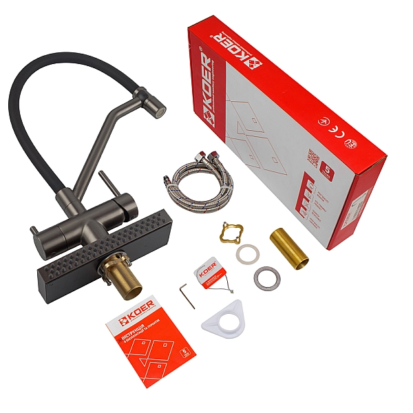 Змішувач для кухні Koer KB-74027-07 з функцією "водоспад" та чорним силіконовим виливом (KR5203) - Фото - 4