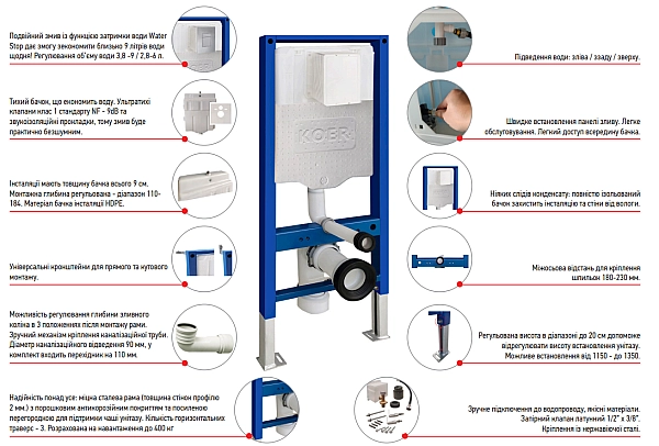 Інсталяція для підвісного унітазу Koer KT-0407 500x126x1150mm, без панелі змиву (KR5341) - Фото - 7