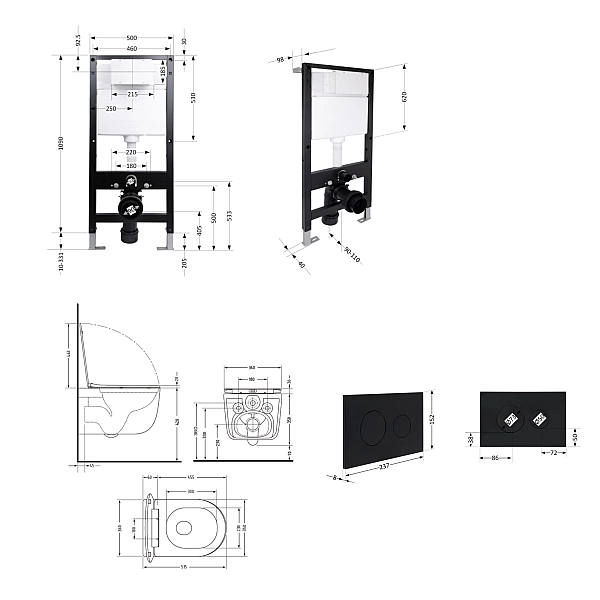 Готовое решение Qtap для ванной комнаты: подвесной унитаз Taurus Ultra Quiet 515x360x350 + комплект инсталляции Standard (круглая кнопка Black) - Фото - 2