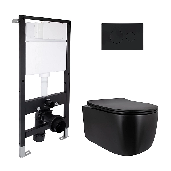 Готовое решение Qtap для ванной комнаты: подвесной унитаз Taurus Ultra Quiet 515x360x350 + комплект инсталляции Standard (круглая кнопка Black)