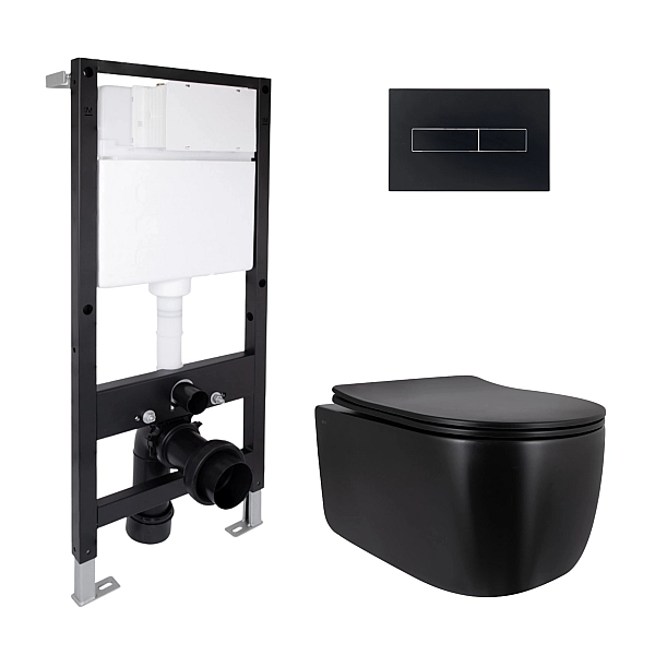 Готовое решение Qtap для ванной комнаты: подвесной унитаз Taurus Ultra Quiet 515x360x350 + комплект инсталляции Standard (линейная кнопка Black)
