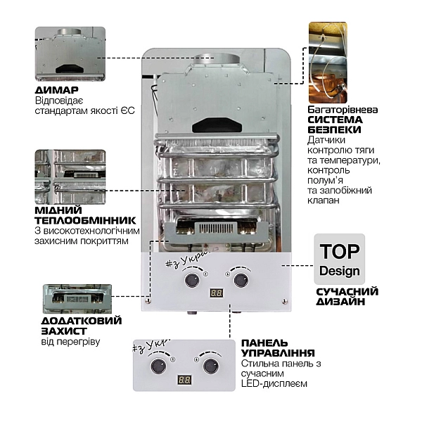 Газова колонка MIXXUS GWH-0610 BASIC GLASS димохідна 10 л/хв (панель зі скла з малюнком) (WH0027) - Фото - 2