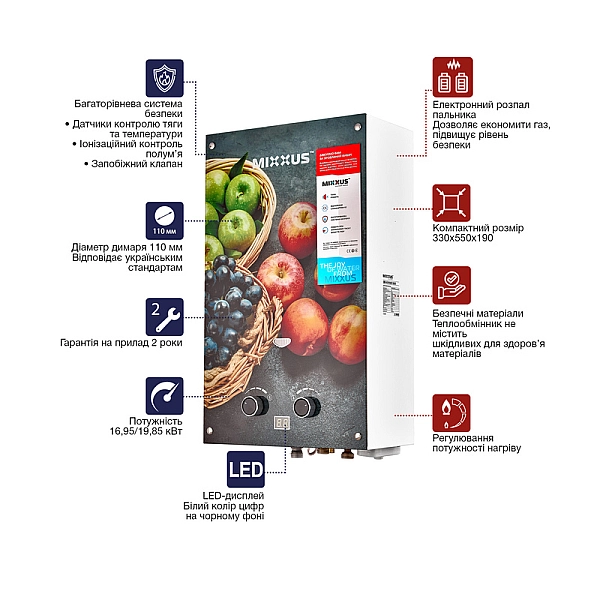 Газова колонка MIXXUS GWH-0310 BASIC GLASS димохідна 10 л/хв (панель зі скла з малюнком) (WH0024) - Фото - 4