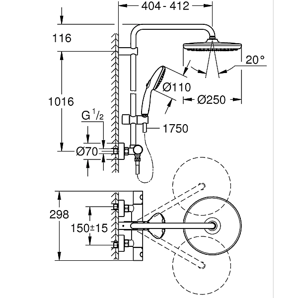 Душова система з термостатом для настінного монтажу Grohe Tempesta System 250 (26670001) - Фото - 2