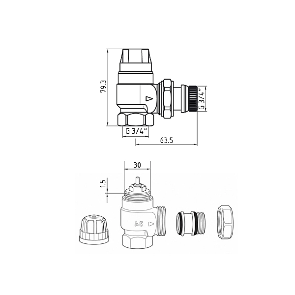 Клапан угловой термостатический с повышеной проходимостью Thermo Alliance Forte (Kvs - 3,8 m3/h) 3/4" TAF0020W25 - Фото - 2