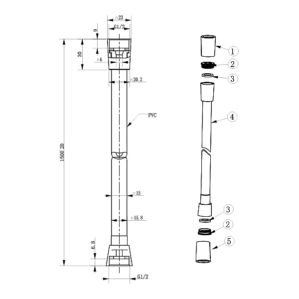 D113000001000BM Flow Душовий шланг з латунними гайками G1/2’’ довжиною 1,5 м, чорний матовий (1 сорт)