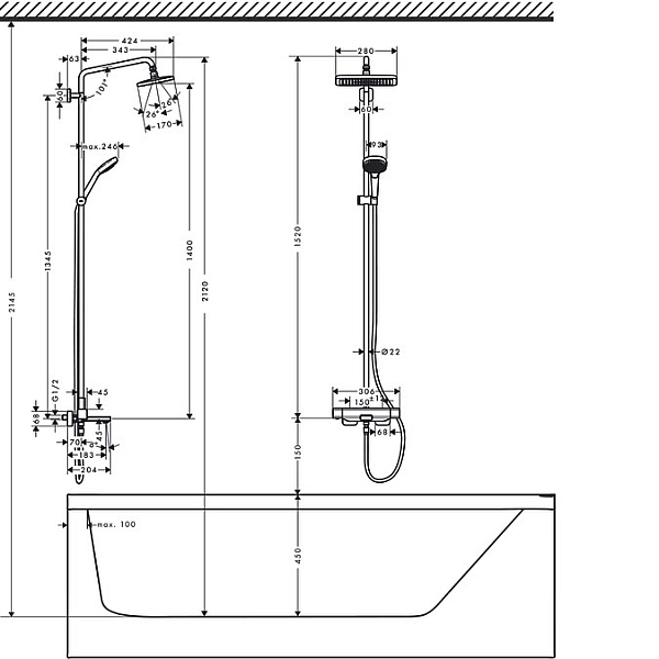 27687000 Croma E Showerpipe 280 1jet Душова система д/ванни (1 сорт) - Фото - 2