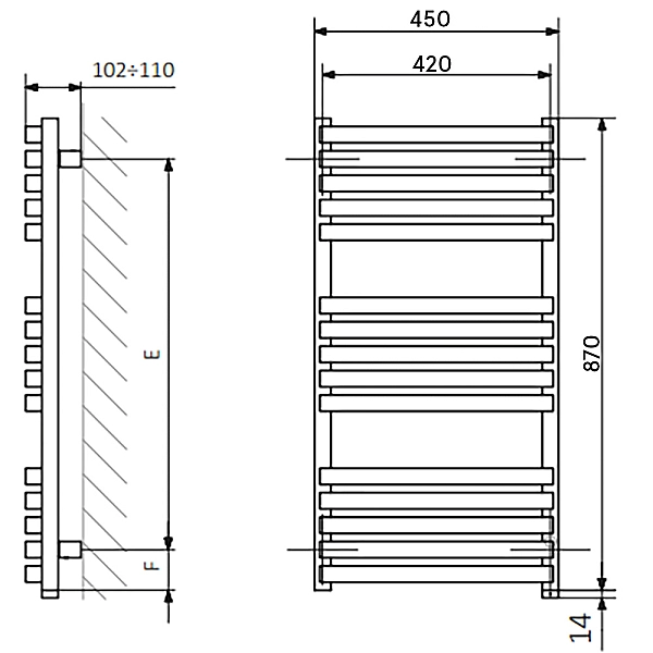 WWQSN087045K9M5E8P Рушникосушка електрична Quadrus Slim One 870-450, колір чорний мат RAL 9005, приховане підключення справа (1 сорт) - Фото - 3