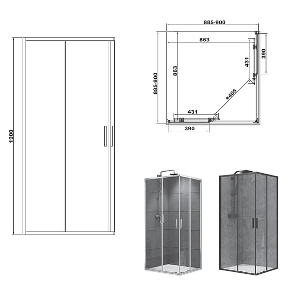 FEN2140B DEVIT PL ART 2.0 Кабіна душова, квадратна, розсувна, колір - чорний матовий, 900*900, без піддона, скло прозоре (1 сорт) - Фото - 2
