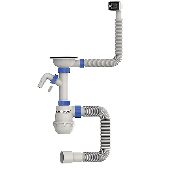 Сифон для кухні MIXXUS SK-02-B 3 1/2"x40 з нержавіючою сіткою, відводом для пральної машини, гнучким прямокутним переливом (MI8195)