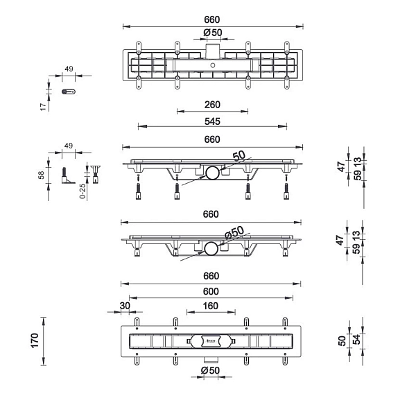 STY-DO-60-FF Душовий канал з полірованою решіткою 600 мм DOMINO  з сухим сифоном, чорний (1 сорт) - Фото - 3