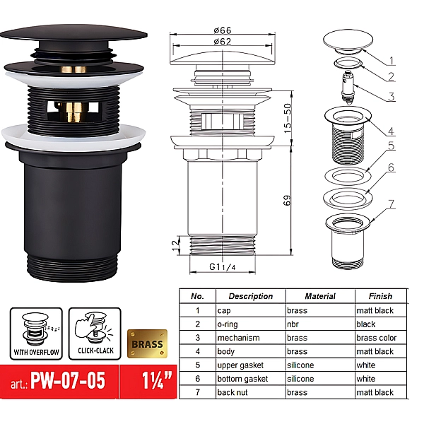 Донний клапан для раковини з переливом KOER PW-07-05 автоматичний (Click-Clack) (Колір чорний) 1 1/4'' (KR5785) - Фото - 8