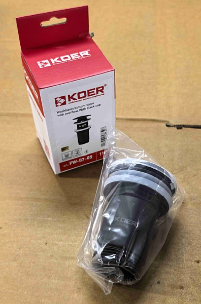 Донний клапан для раковини з переливом KOER PW-07-05 автоматичний (Click-Clack) (Колір чорний) 1 1/4'' (KR5785) - Фото - 4