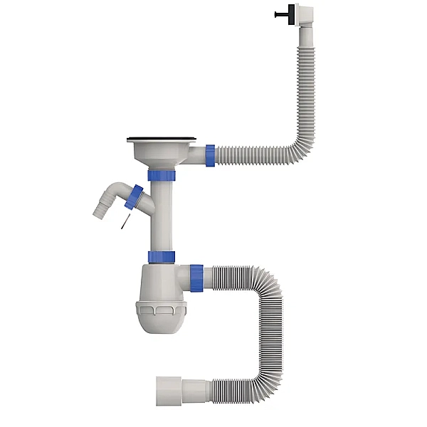 Сифон для кухні MIXXUS SK-05-BL 3 1/2"x40 з пластиковою чорною сіткою, відводом для пральної машини, гнучким прямокутним переливом (MI8192)
