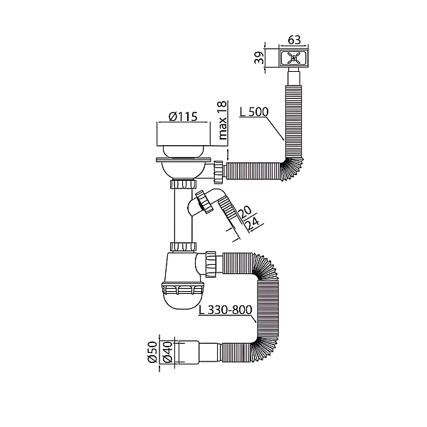 Сифон для кухні MIXXUS SK-05-BL 3 1/2"x40 з пластиковою чорною сіткою, відводом для пральної машини, гнучким прямокутним переливом (MI8192) - Фото - 2