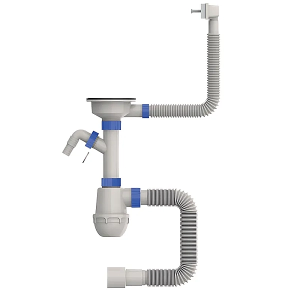 Сифон для кухні MIXXUS SK-05-WH 3 1/2"x40 з пластиковою білою сіткою, відводом для пральної машини, гнучким прямокутним переливом (MI8193)