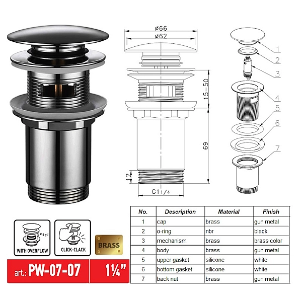 Донний клапан для раковини з переливом KOER PW-07-07 автоматичний (Click-Clack) (Колір графітовий) 1 1/4'' (KR6483) - Фото - 7