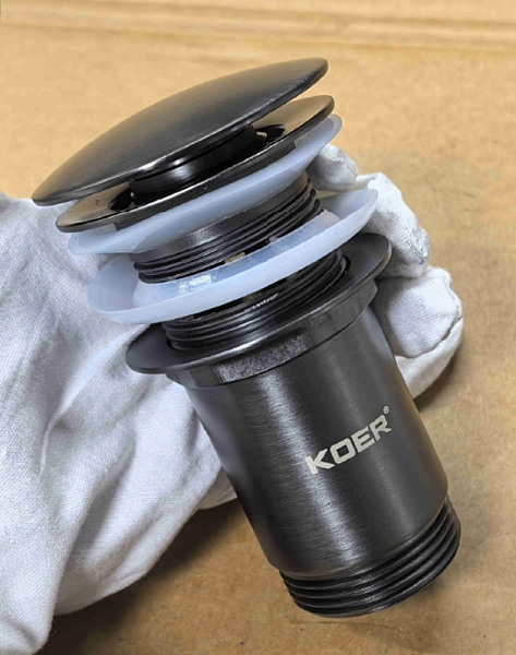 Донний клапан для раковини з переливом KOER PW-07-07 автоматичний (Click-Clack) (Колір графітовий) 1 1/4'' (KR6483) - Фото - 6