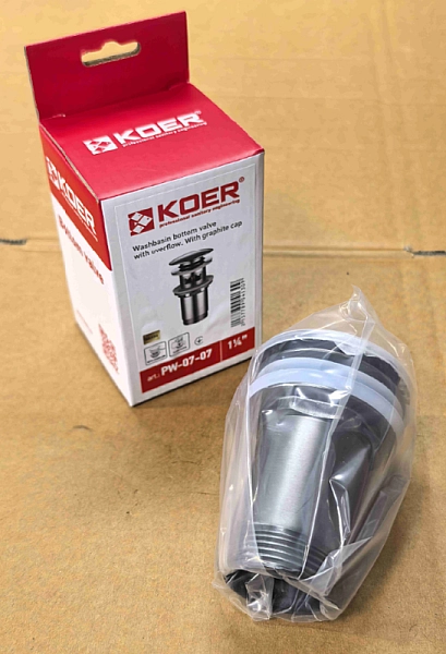 Донний клапан для раковини з переливом KOER PW-07-07 автоматичний (Click-Clack) (Колір графітовий) 1 1/4'' (KR6483) - Фото - 11
