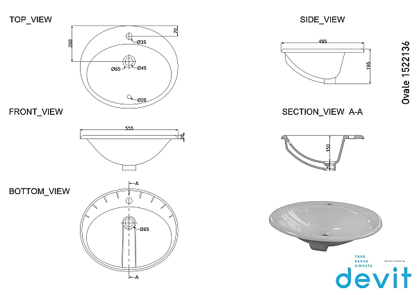 1522136 OVALE Раковина без донного клапана 555*485 (1 сорт) - Фото - 3
