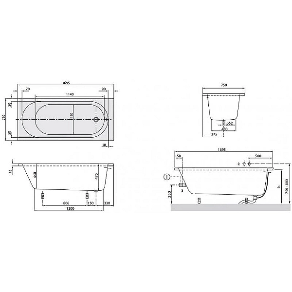 uBA170CAS2V-01 O.NOVO/CASSANDRA Ванна 170х75см (1 сорт) - Фото - 2