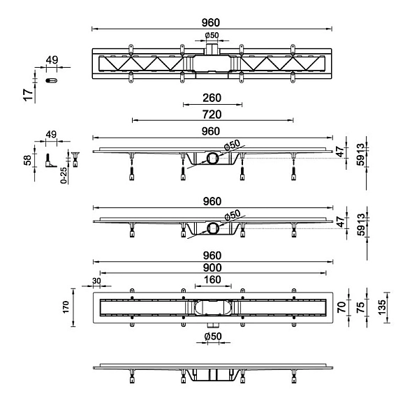 STY-F-90 Душовий канал з решіткою під плитку 900 мм  із сухим затвором (1 сорт) - Фото - 2
