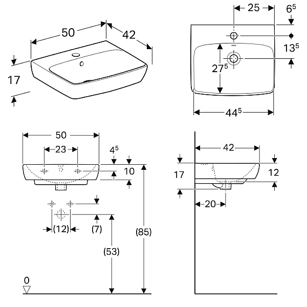 500.310.01.7 Selnova Square Раковина 50см, прямокутний, з 1 отв.під змішувач та переливом, білий глянець (1 сорт) - Фото - 4