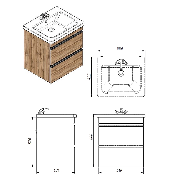 753055O FRAME Тумба натуральний дуб 55см з раковиною та сифоном (1 сорт) - Фото - 2