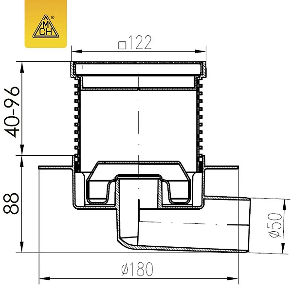 C 425 XL Двокорпусний трап з горизонтальним підключенням DN50, h 113-169мм, сухий сифон Neptun, з фланцем, решітка під плитку з нержавіючої сталі (1 сорт) - Фото - 2