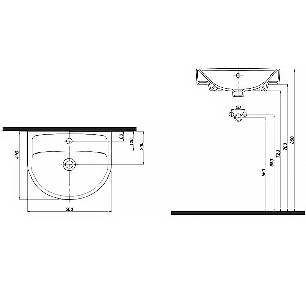2321500UA STATUS Раковина 50 см, з переливом, з отв.для зміш по центру (1 сорт) - Фото - 3