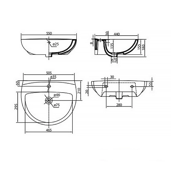 L71155000 FREJA Раковина 55 см, з 1 отвором під зміш., з переливом, білий глянець (1 сорт) - Фото - 3