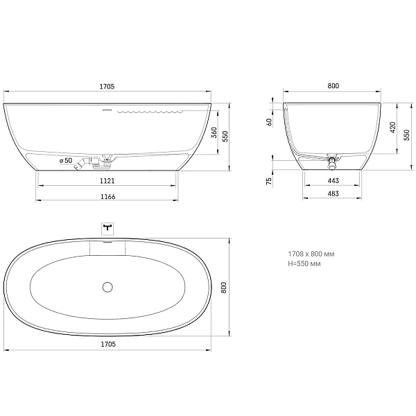 VABELL/00 BELLA Ванна окремостояча 170*80 см з литого (штучного) каменю, з інтегрованим сифоном, білий глянець (1 сорт) - Фото - 6