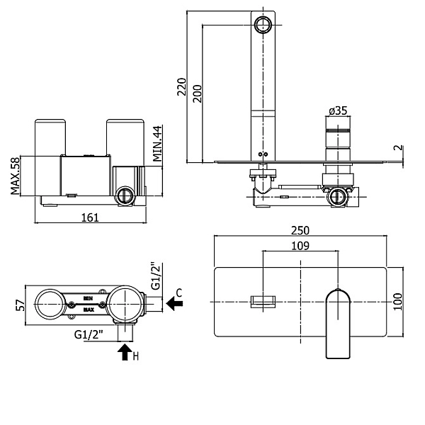 TA105NO70 TANGO  Змішувач для раковини зі стіни, вилив 200мм, чорний мат (1 сорт) - Фото - 2