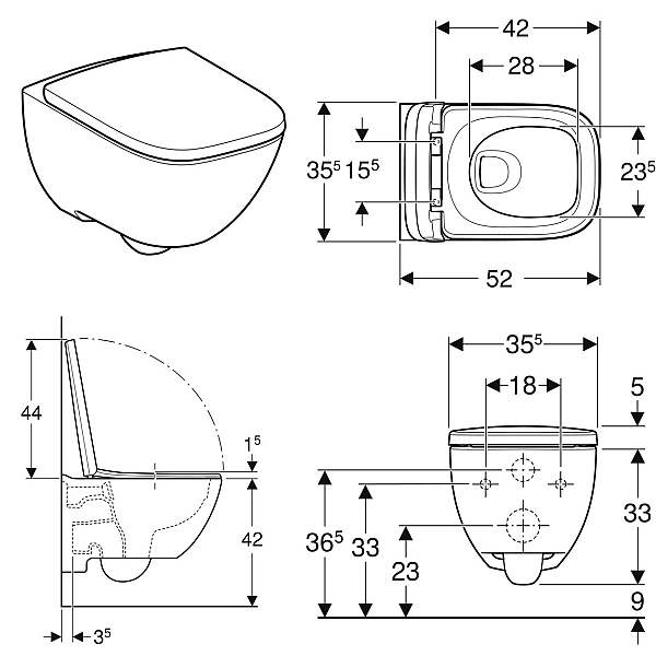502.827.00.1 Modo Комплект підвісного унітазу, прямокутна форма, без обідка, прих.кріплення, з кришкою Duroplast, SoftClose, Quickfix, колір білий глянець (1 сорт) - Фото - 2