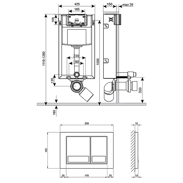 Набор инсталляция 4 в 1 Qtap Nest ST с квадратной панелью смыва QT0133M425M06029SAT - Фото - 2