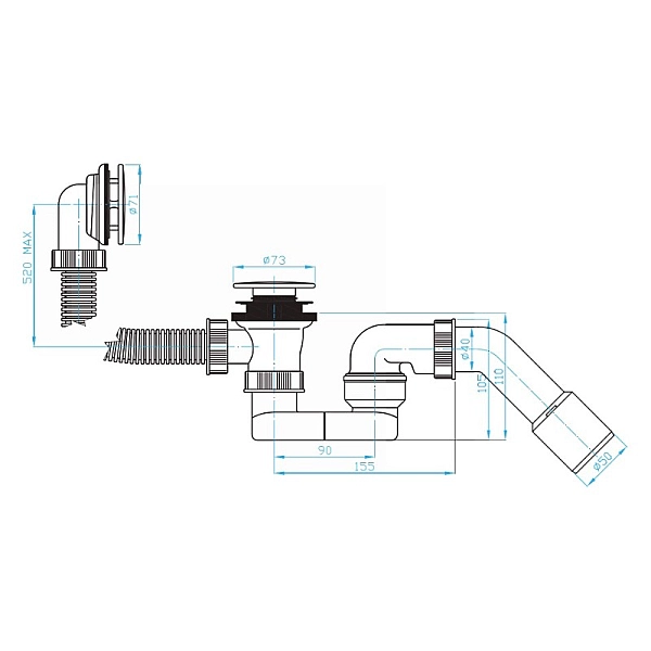 DVKO141 Сифон для ванни 40, click-clack, коліно 45' з накладкою, довжина 550мм (1 сорт) - Фото - 2