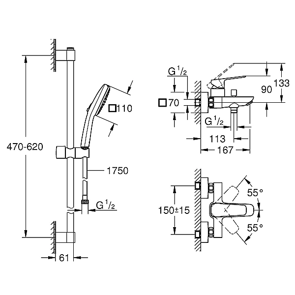BF101813TC Cubeo Комплект змішувач 1/2 для ванни та душовий набір, хром (1 сорт) - Фото - 4